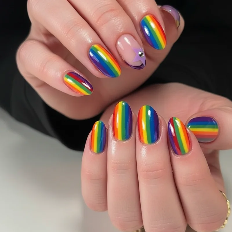 A full set of hand-painted rainbow striped nails with a lilac star accent